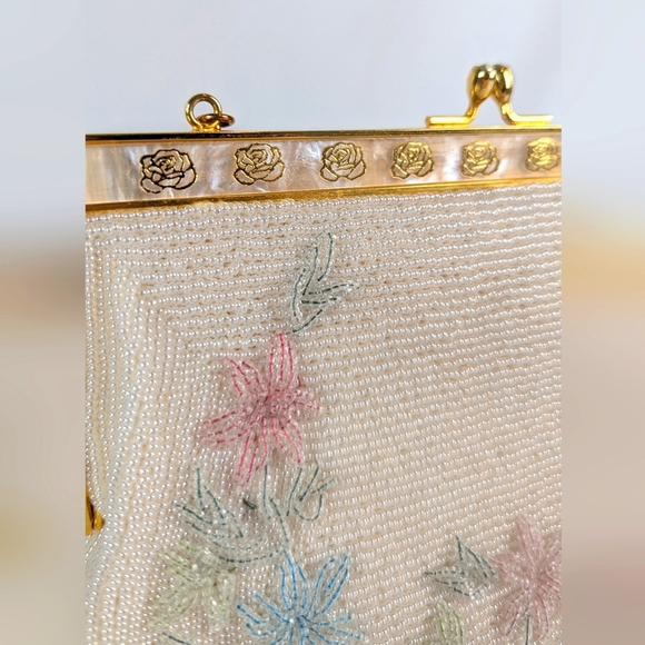Vintage Walborg Beaded Evening Wrist Bag Clutch Floral White Ivory Wedding Bride - Picture 3 of 10